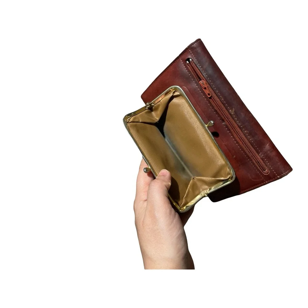 Vintage Rolfs Brown Leather Tri-Fold Clutch Wallet Kiss Lock Coin Purse Mahogany - Picture 8 of 10